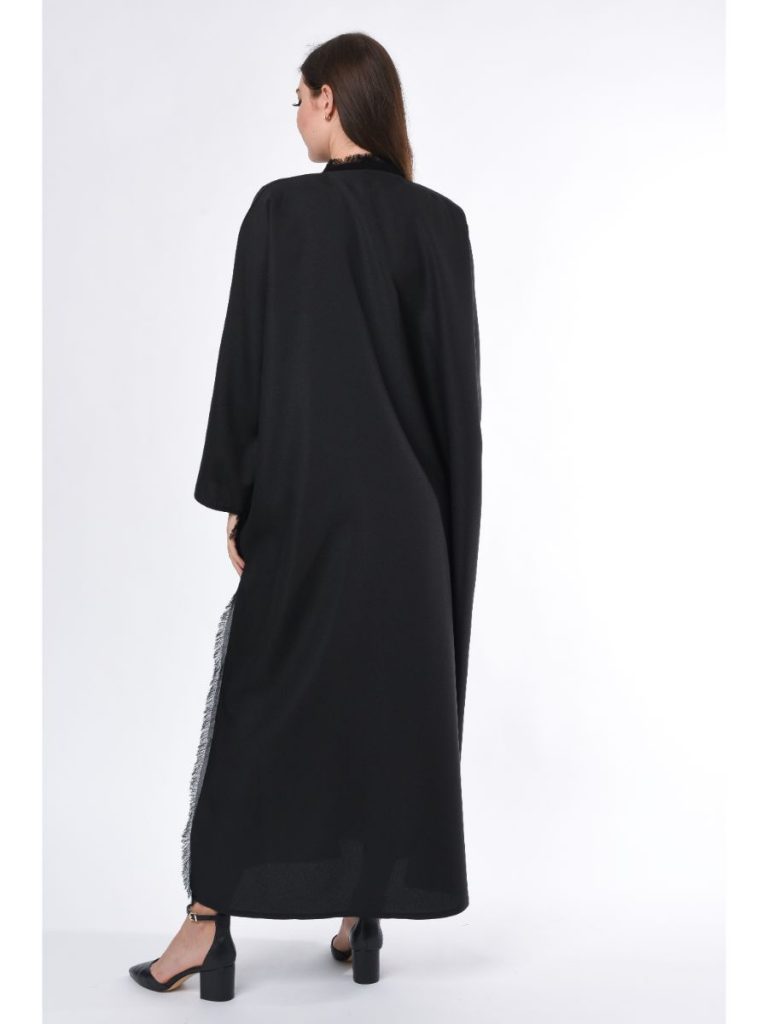 MOiSTREET Black Abaya with Button Highlight and Fringe Detail (6701404553400)