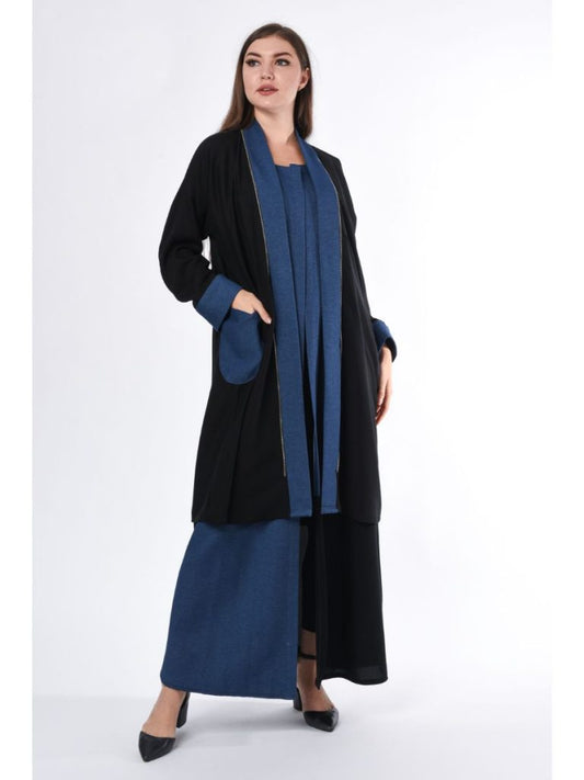 Black Abaya with contrast Denim Panel (6701404651704)