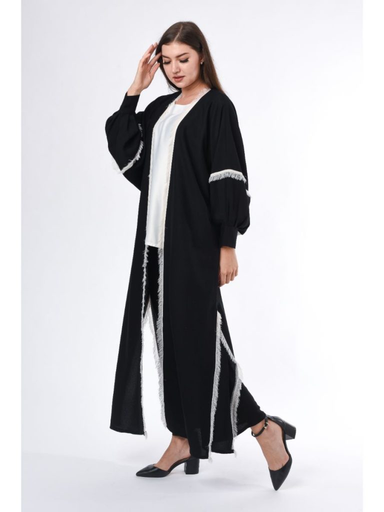 MOiSTREET Black Abaya with White Fringe Detail (6701404684472)