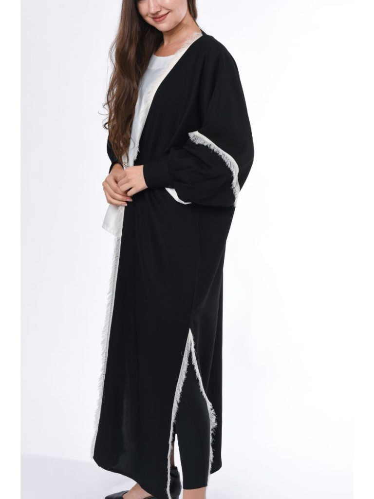 MOiSTREET Black Abaya with White Fringe Detail (6701404684472)