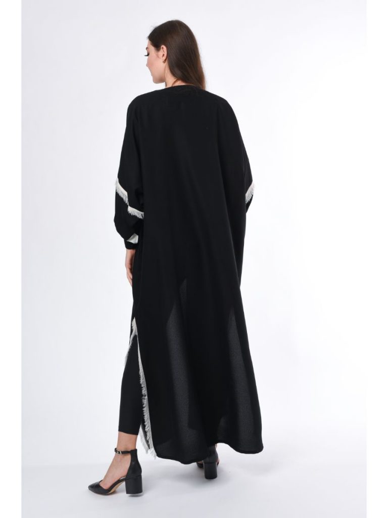 MOiSTREET Black Abaya with White Fringe Detail (6701404684472)