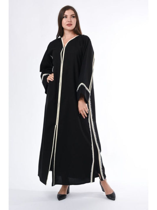 Black Abaya with White Fringe Detail (6701404717240)