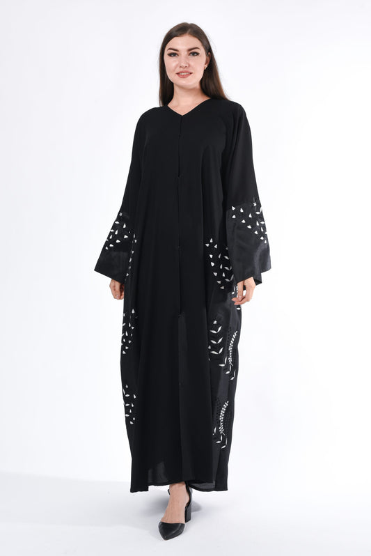 Black Abaya with Leaves Embroidery (6701405175992)