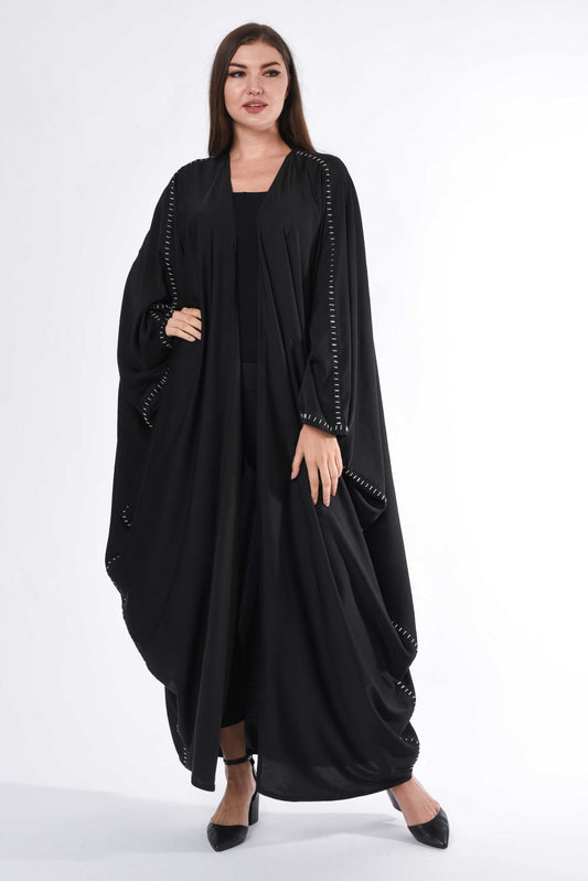 Black Flared Cape Abaya with Hand Buck Stitch (6701405438136)