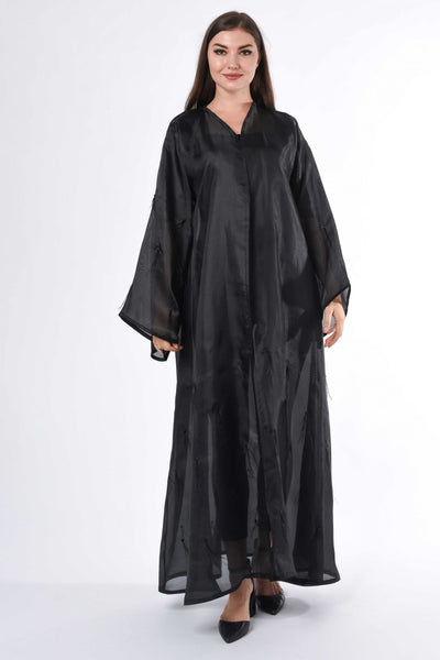 Black see through Abaya with Feather Detail (6701405896888)