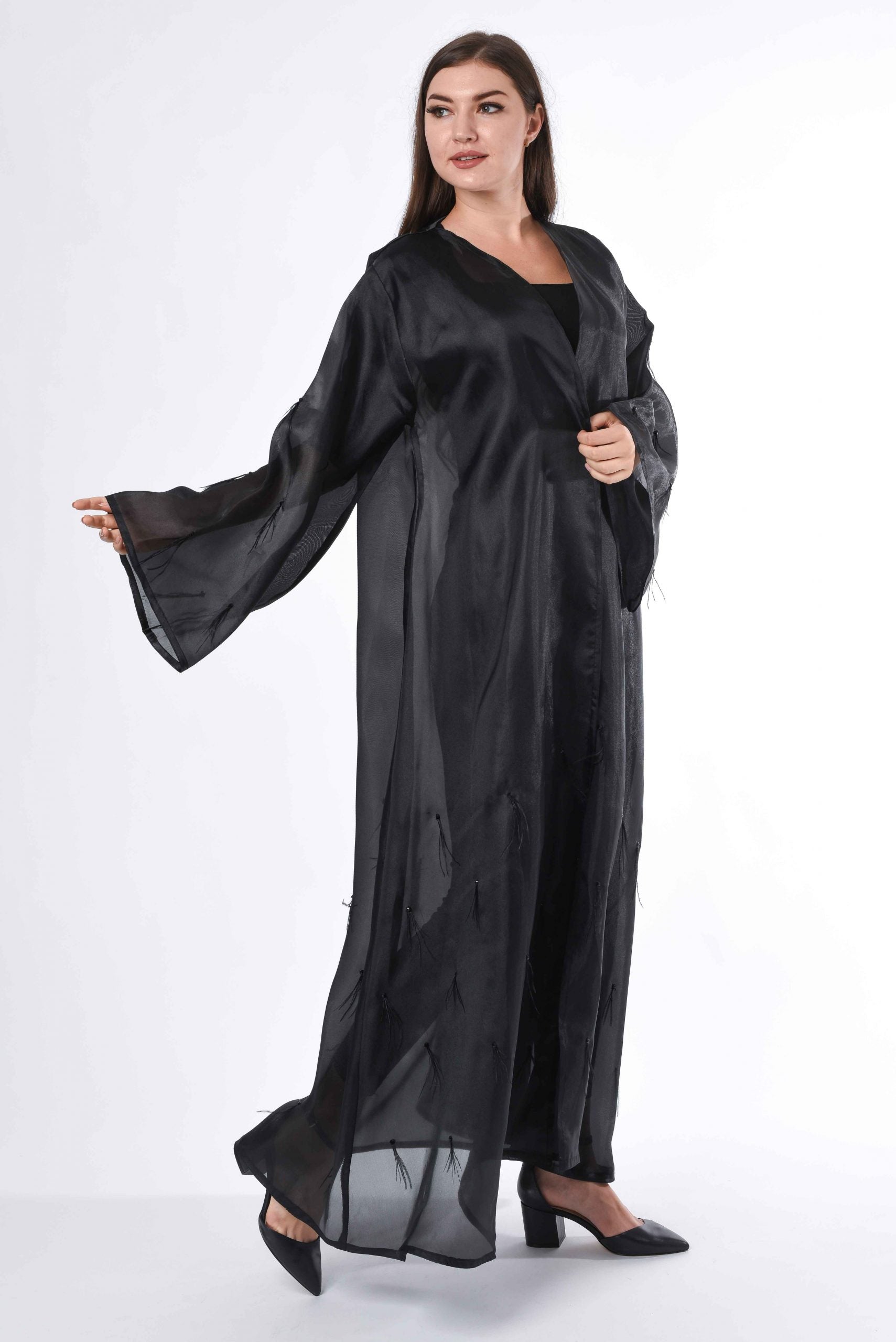 MOiSTREET Black see through Abaya with Feather Detail (6701405896888)