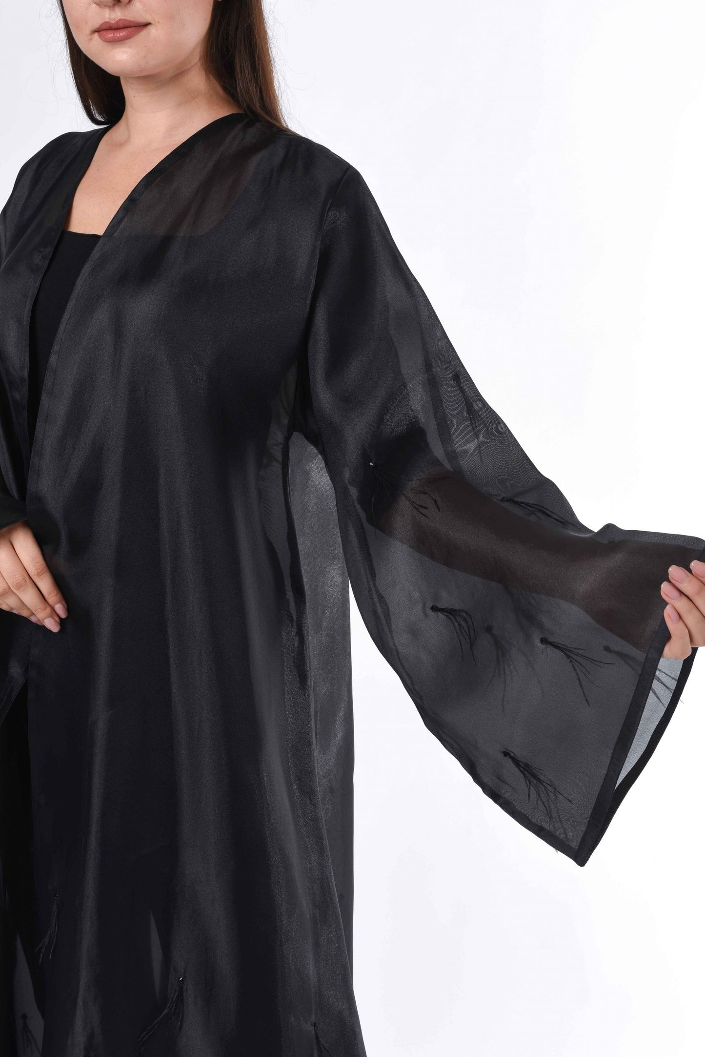 MOiSTREET Black see through Abaya with Feather Detail (6701405896888)