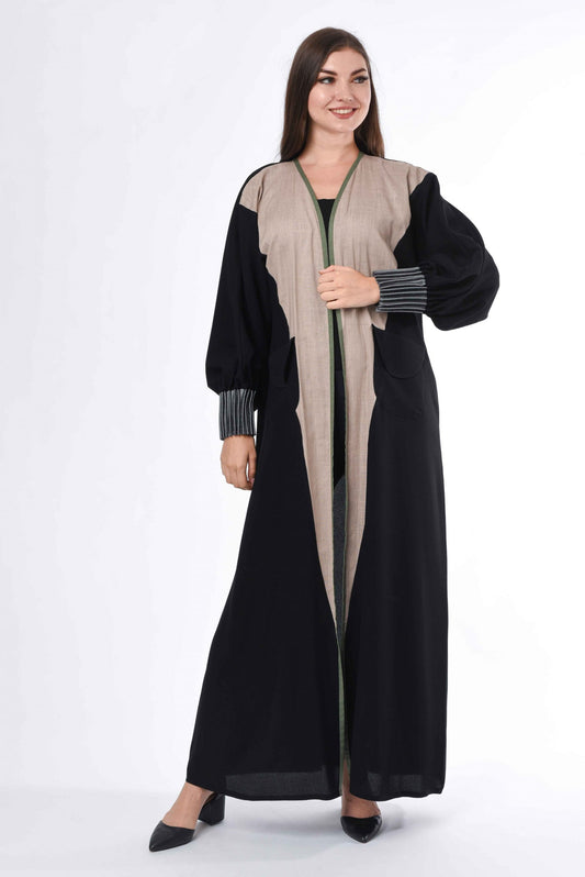 Black Abaya with Contrast Panels and Pleated Sleeves (6701405929656)