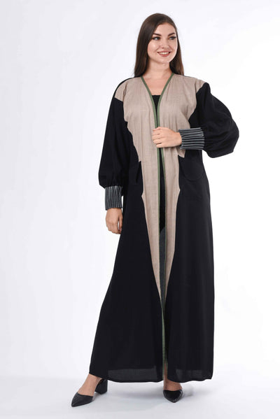 Black Abaya with Contrast Panels and Pleated Sleeves (6701405929656)
