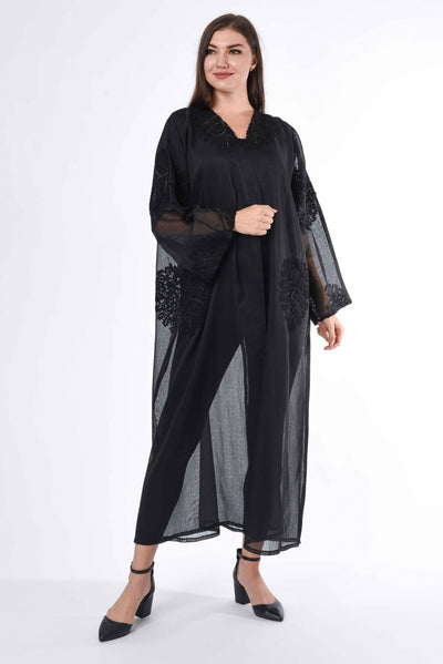 Black see through Abaya with Hand Embroidery Detail (6701405995192)
