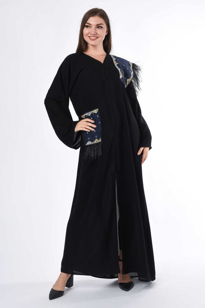 Black Abaya with Patchwork and Feather Detail (6701406060728)