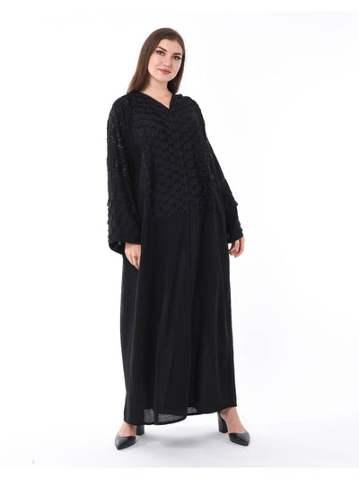 Black Abaya with Checkered Panels and Hand Embroidery (6701407273144)