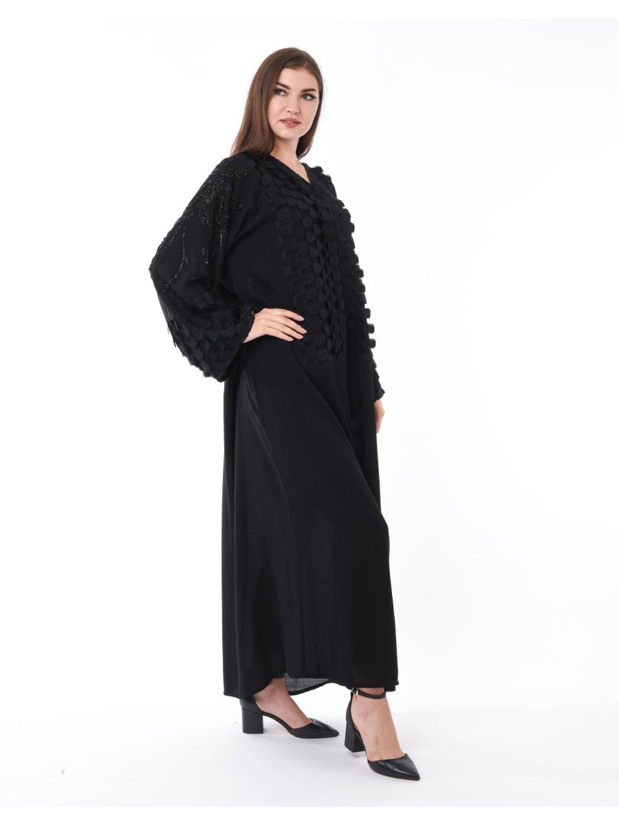 MOiSTREET Black Abaya with Checkered Panels and Hand Embroidery (6701407273144)