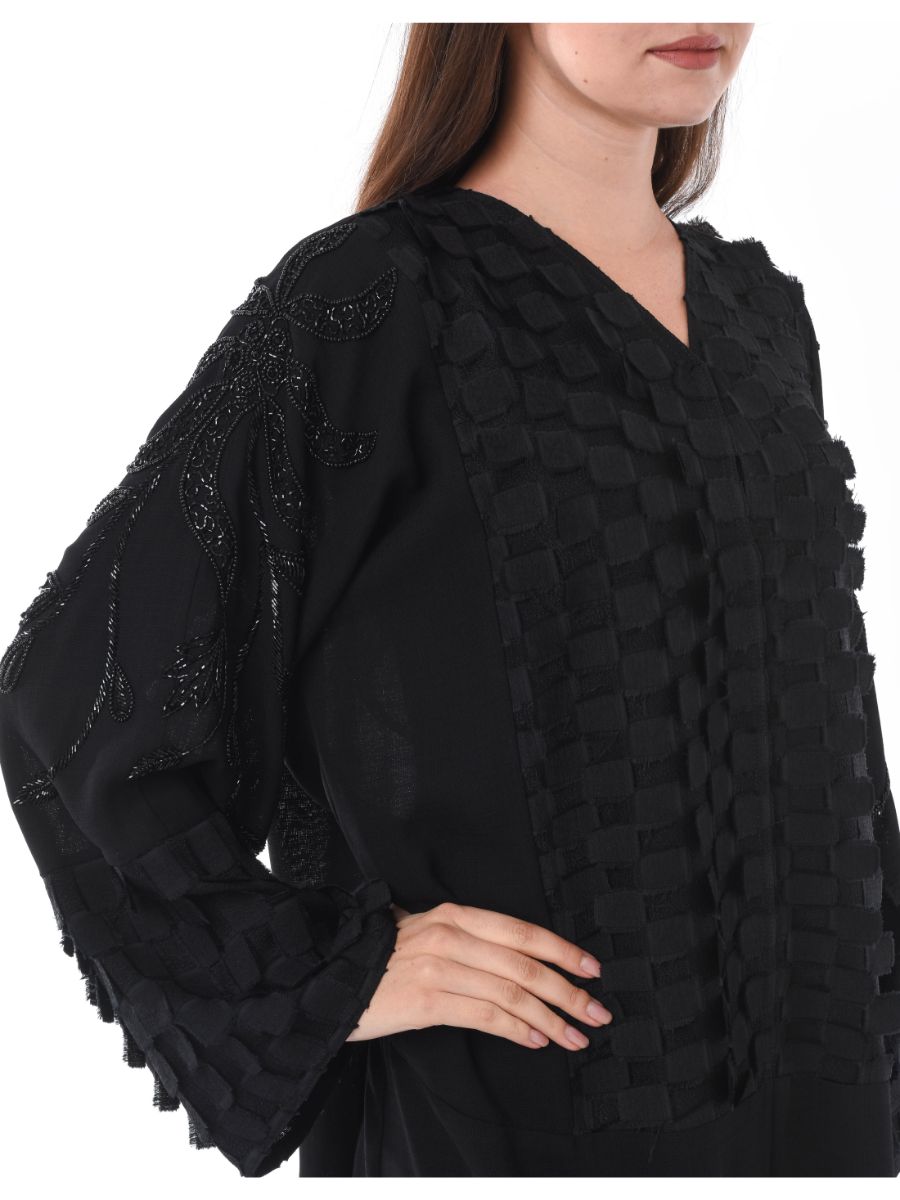 MOiSTREET Black Abaya with Checkered Panels and Hand Embroidery (6701407273144)