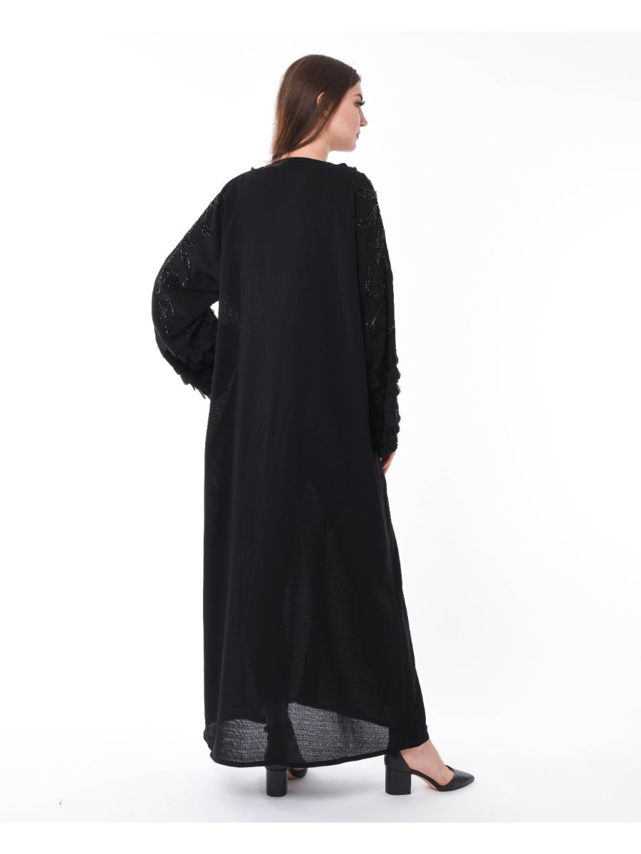 MOiSTREET Black Abaya with Checkered Panels and Hand Embroidery (6701407273144)