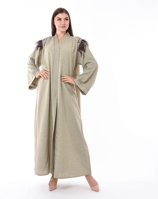 Beige Feather Detail Abaya (6701408551096)