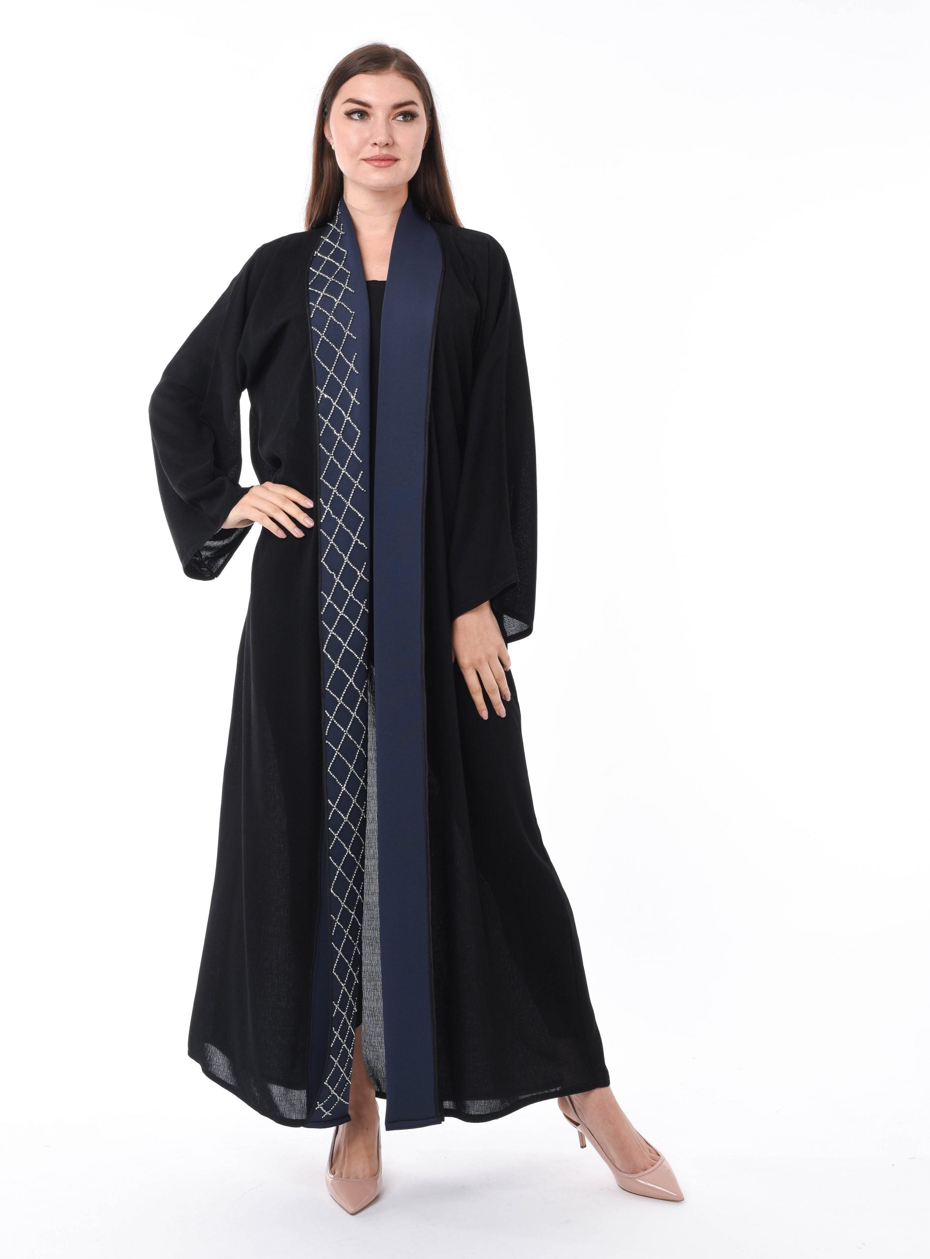 Black Abaya with Navy Bead work Panel (6701408649400)