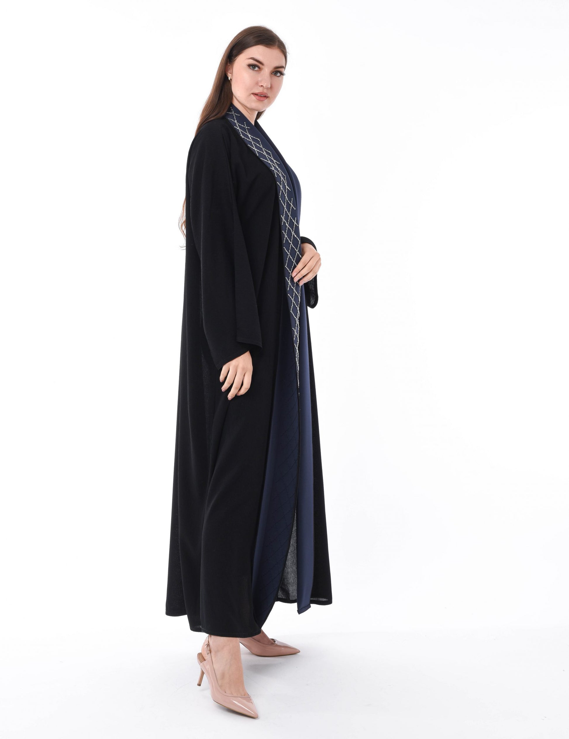 MOiSTREET Black Abaya with Navy Bead work Panel (6701408649400)