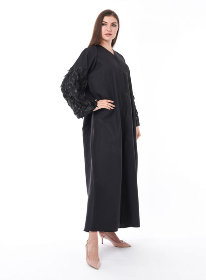 MOiSTREET Black Designer Abaya with Hanging Leaves Sleeves (6701408780472)