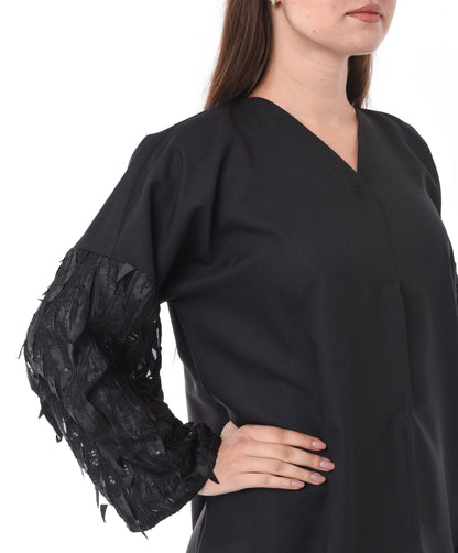 MOiSTREET Black Designer Abaya with Hanging Leaves Sleeves (6701408780472)