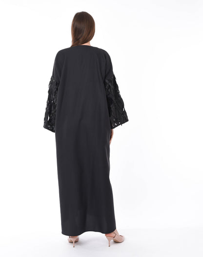MOiSTREET Black Designer Abaya with Hanging Leaves Sleeves (6701408780472)