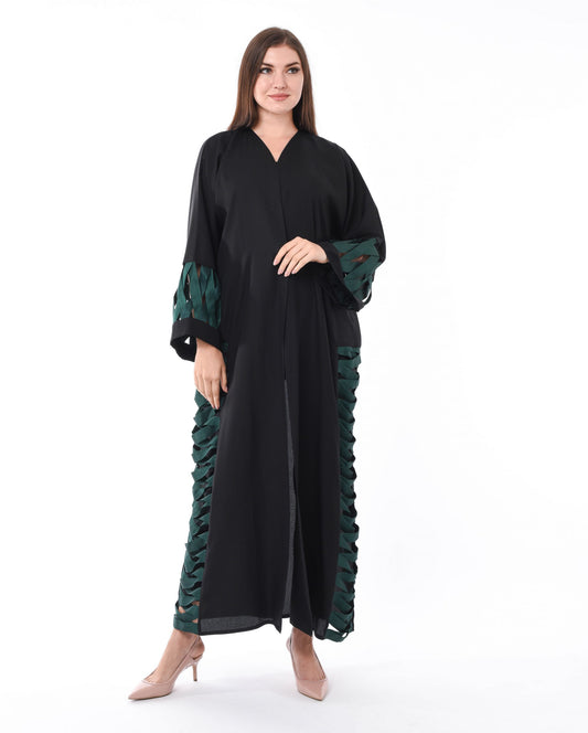 MOiSTREET Black Abaya with Green Criss Cross Detailing (6701408911544)