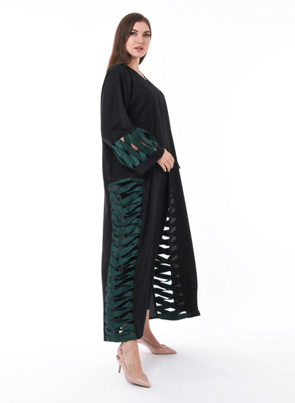 MOiSTREET Black Abaya with Green Criss Cross Detailing (6701408911544)
