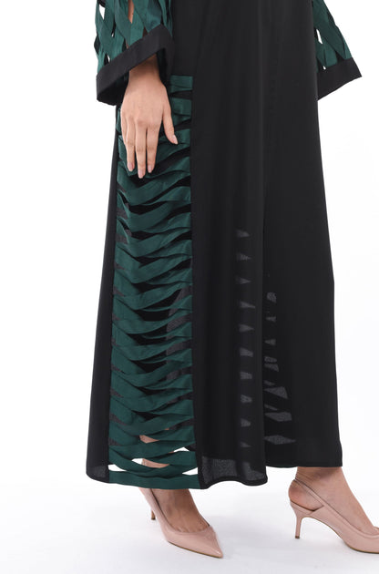 MOiSTREET Black Abaya with Green Criss Cross Detailing (6701408911544)
