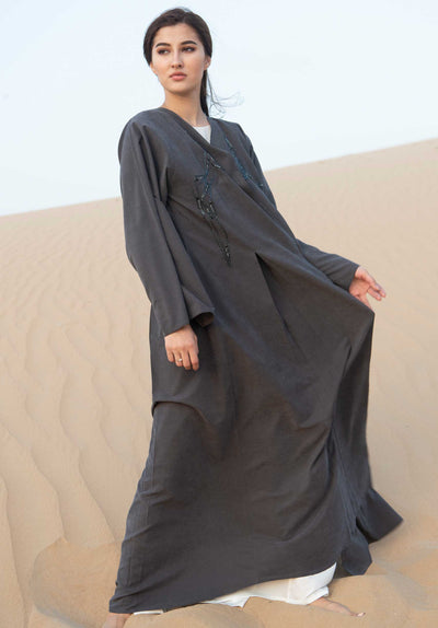 Grey Open Abaya With Hand Embroidery (6701416579256)