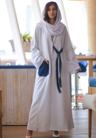 White Abaya with Denim Pocket and Show Belt (6701415334072)