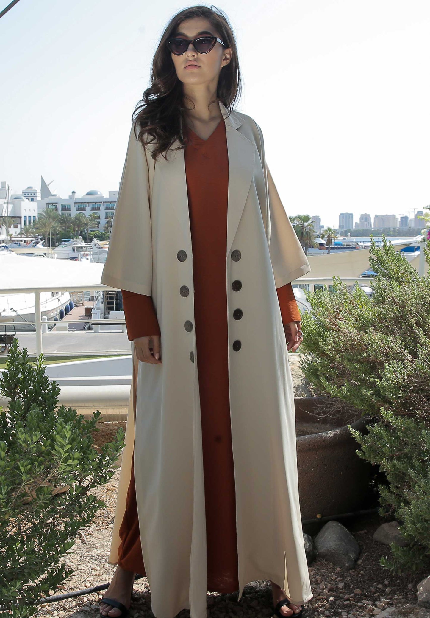 MOiSTREET Beige Overcoat with Rust Inner Dress (6701414711480)