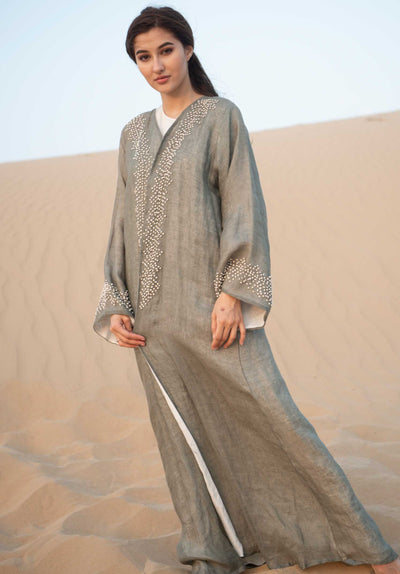 Green Linen Abaya With Hand Threadwork (6701416251576)