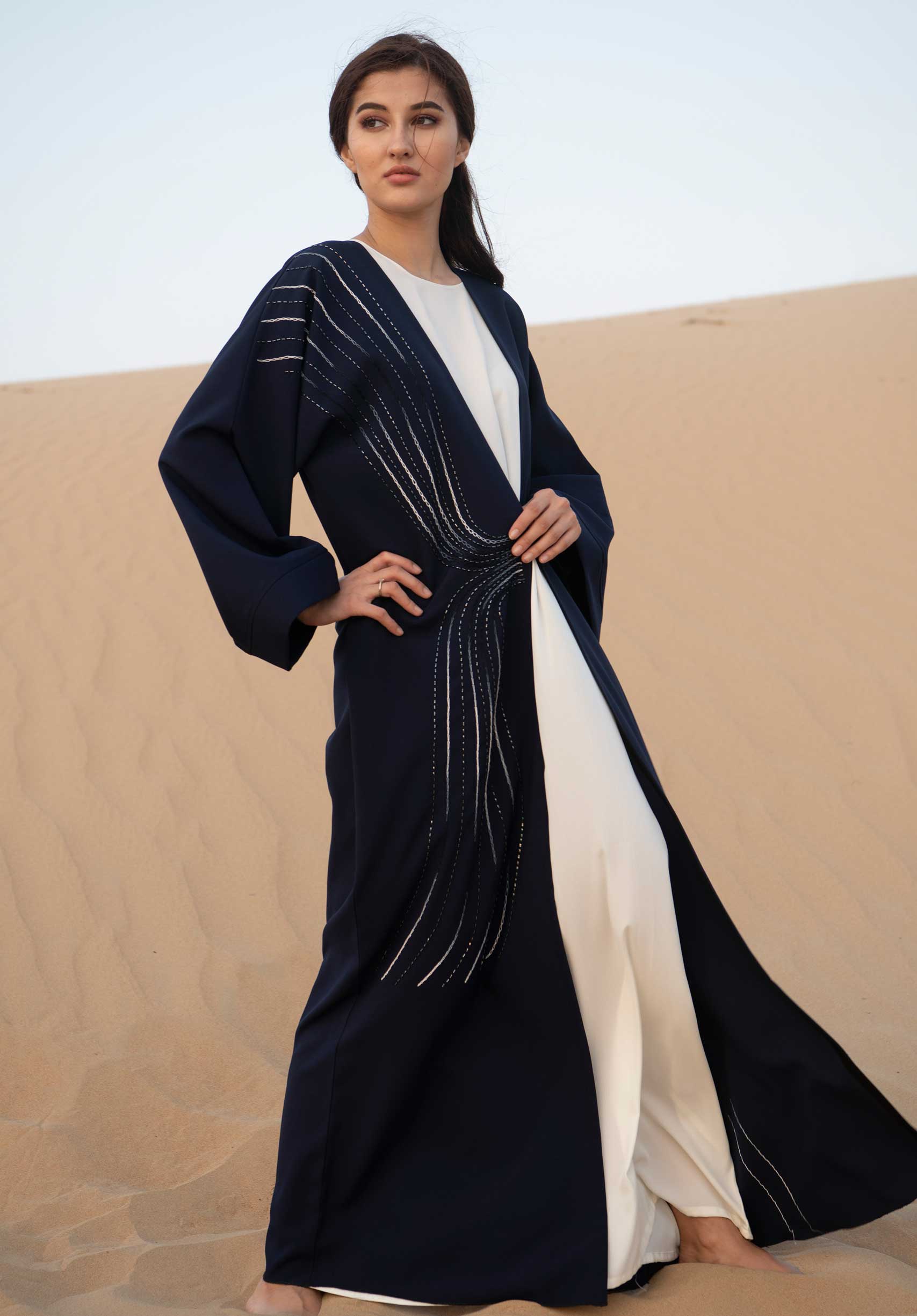 MOiSTREET Navy Open Abaya With Hand Embroidery (6701416644792)