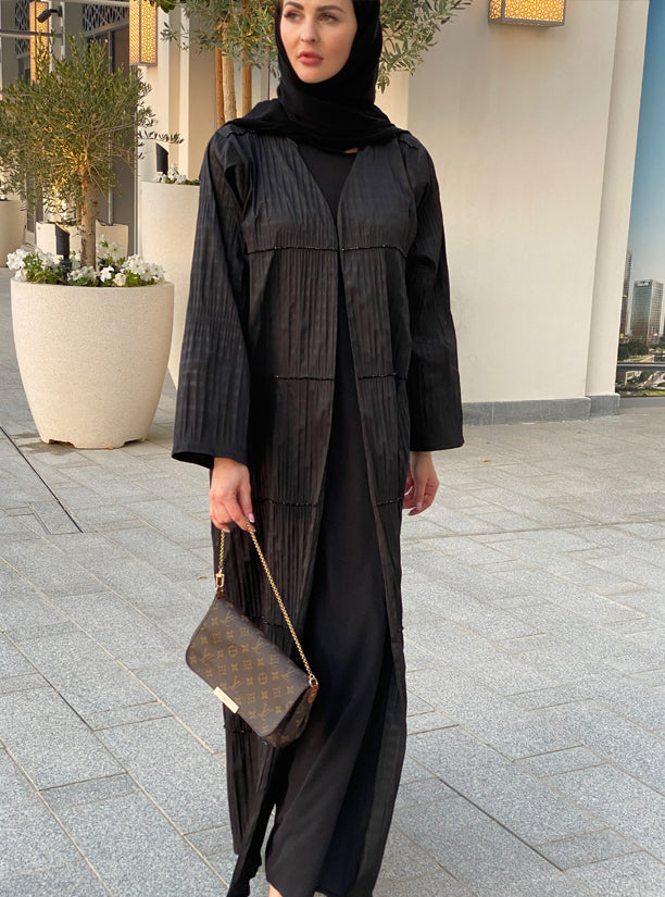 MOiSTREET Polyester Black Wrinkled Embroidery Abaya (6701419036856)