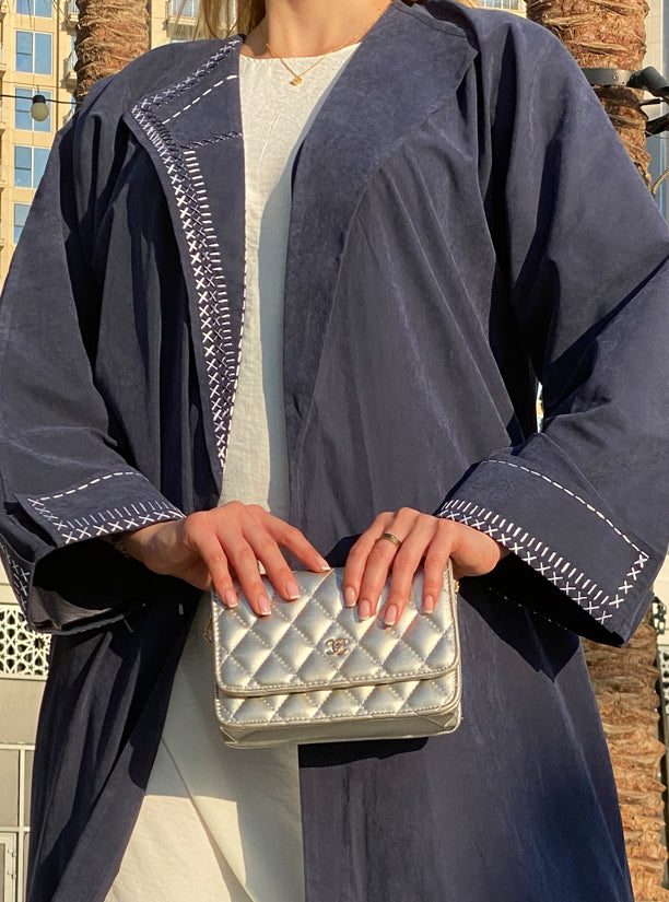 MOiSTREET Blue Shamoua Coat Style Abaya with Thread Handwork (6701418315960)