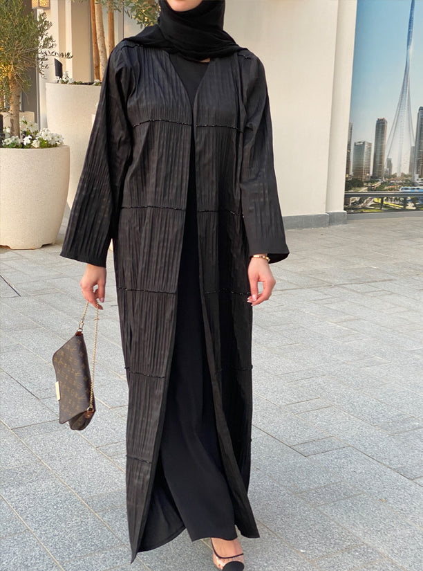 MOiSTREET Polyester Black Wrinkled Embroidery Abaya (6701419036856)