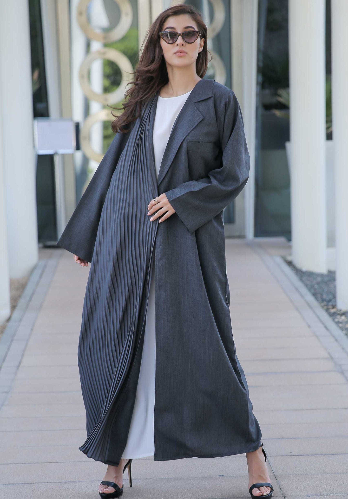 MOiSTREET Grey Abaya with Pleated Hem and Sleeves (6701414940856)