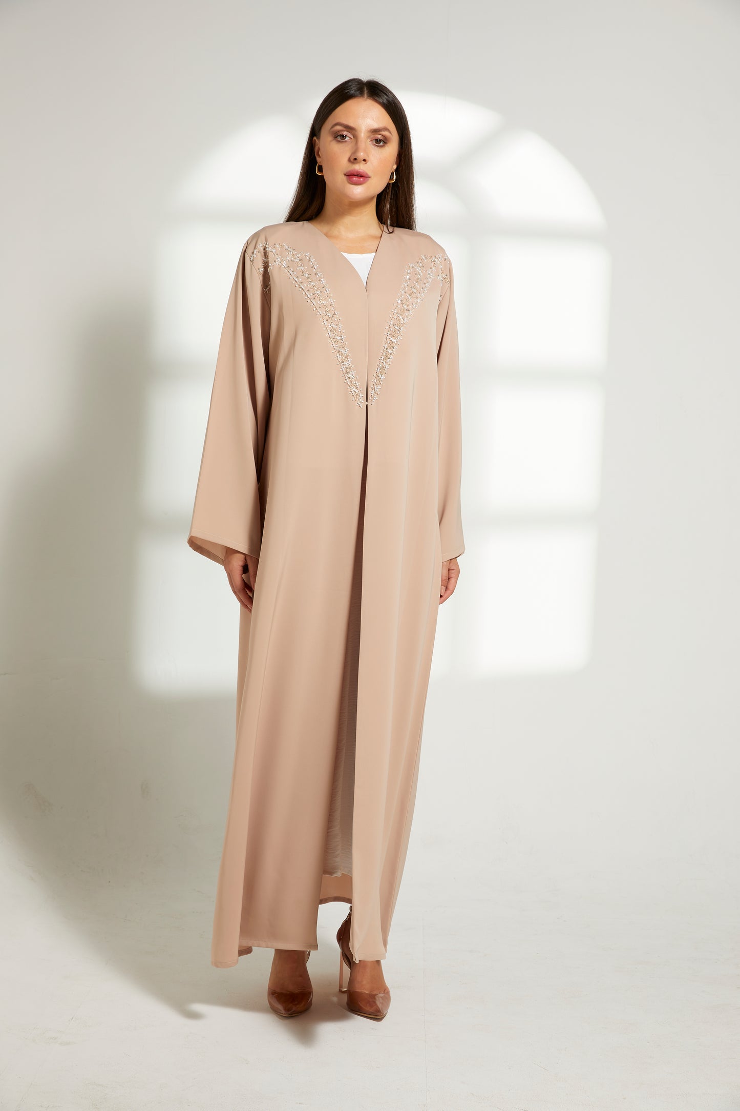 MOiSTREET Beige Korean Nida  Embroidered Abaya (7822700314851)