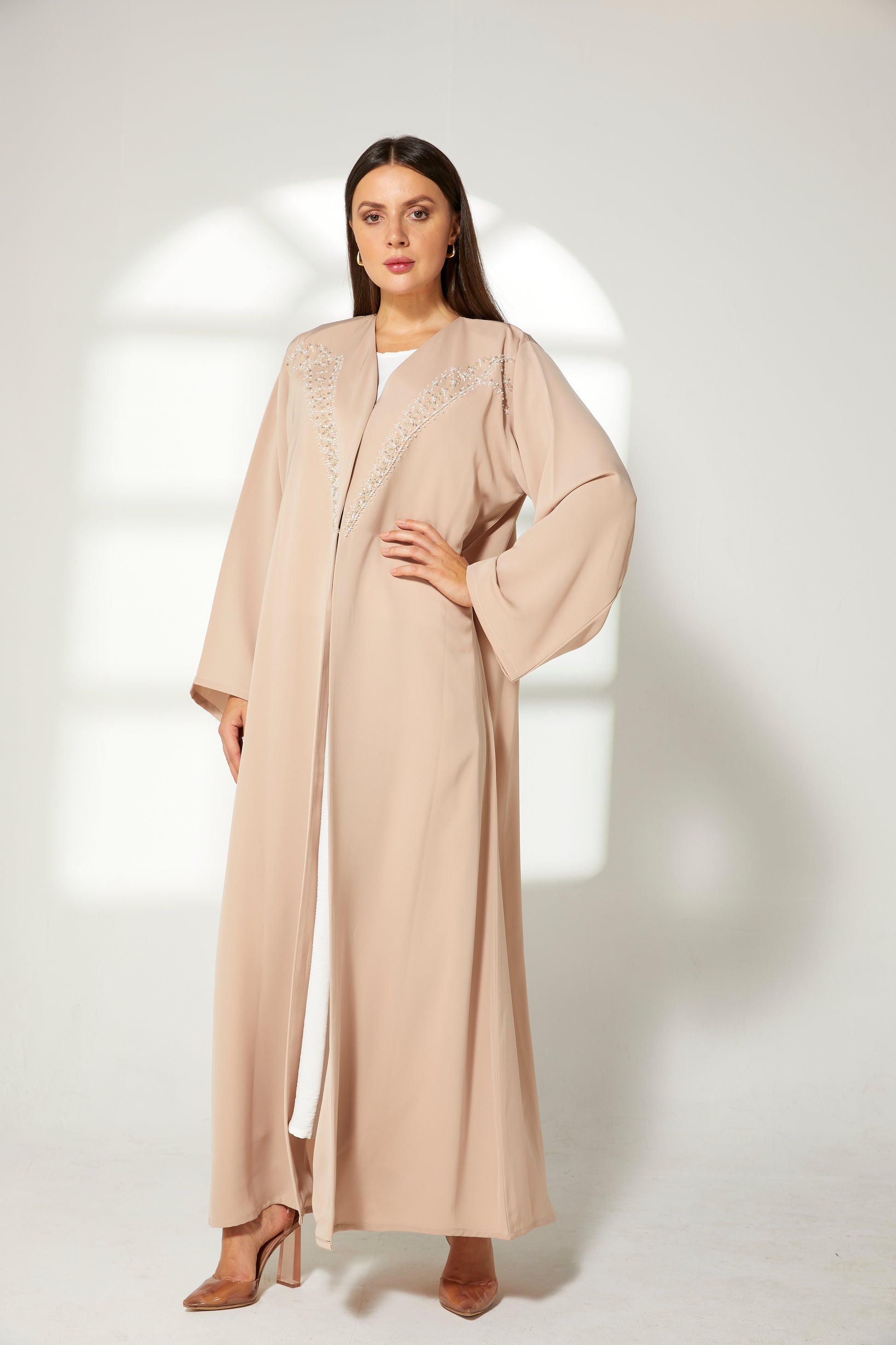 MOiSTREET Beige Korean Nida  Embroidered Abaya (7822700314851)