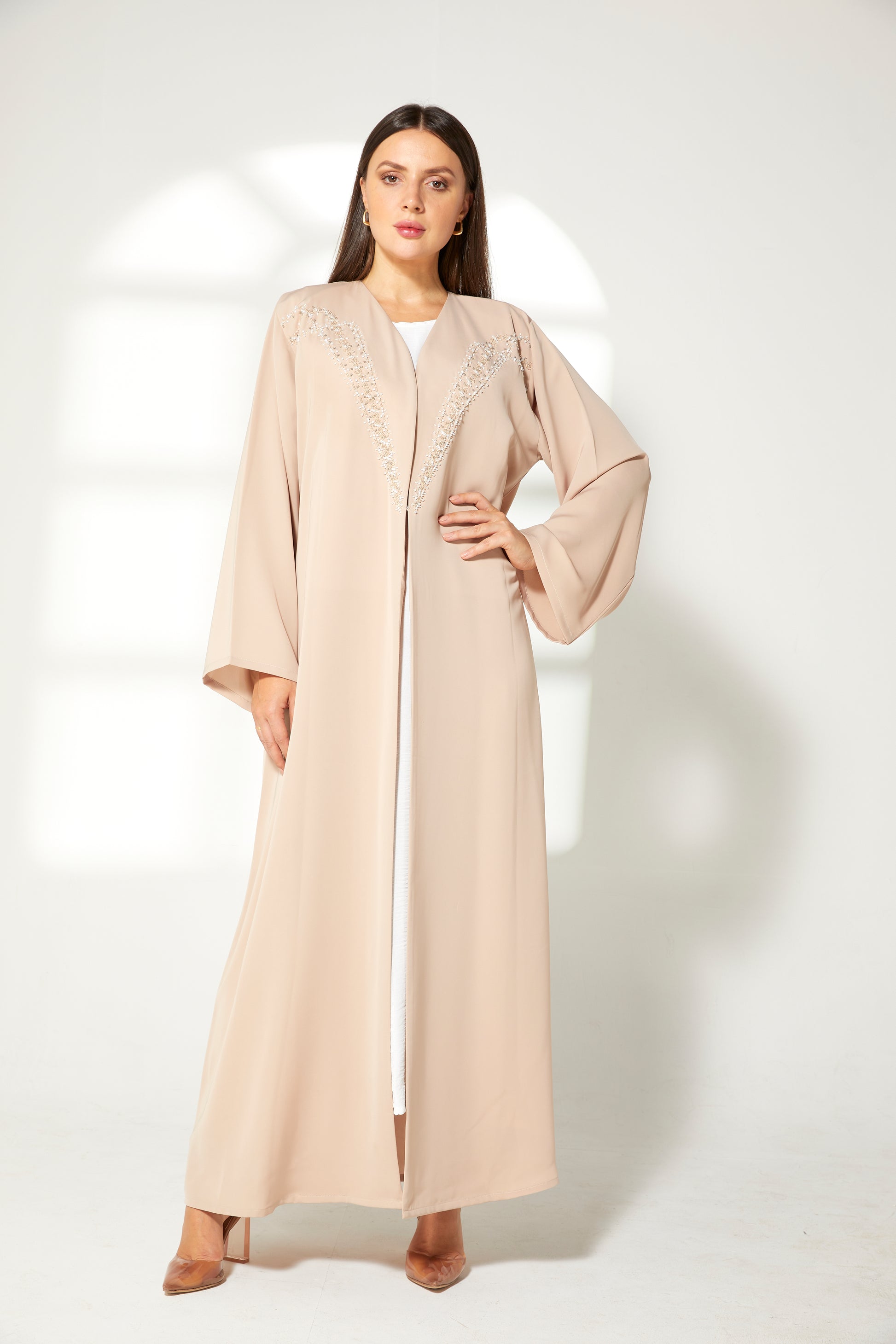 MOiSTREET Beige Korean Nida  Embroidered Abaya (7822700314851)