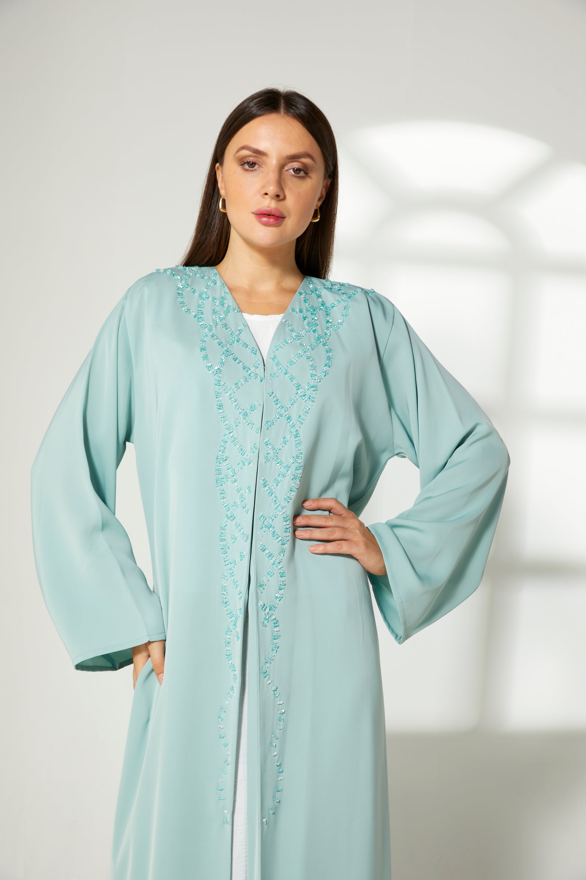 MOiSTREET Turquoise Korean Nida  Embroidered Abaya (7822692090083)