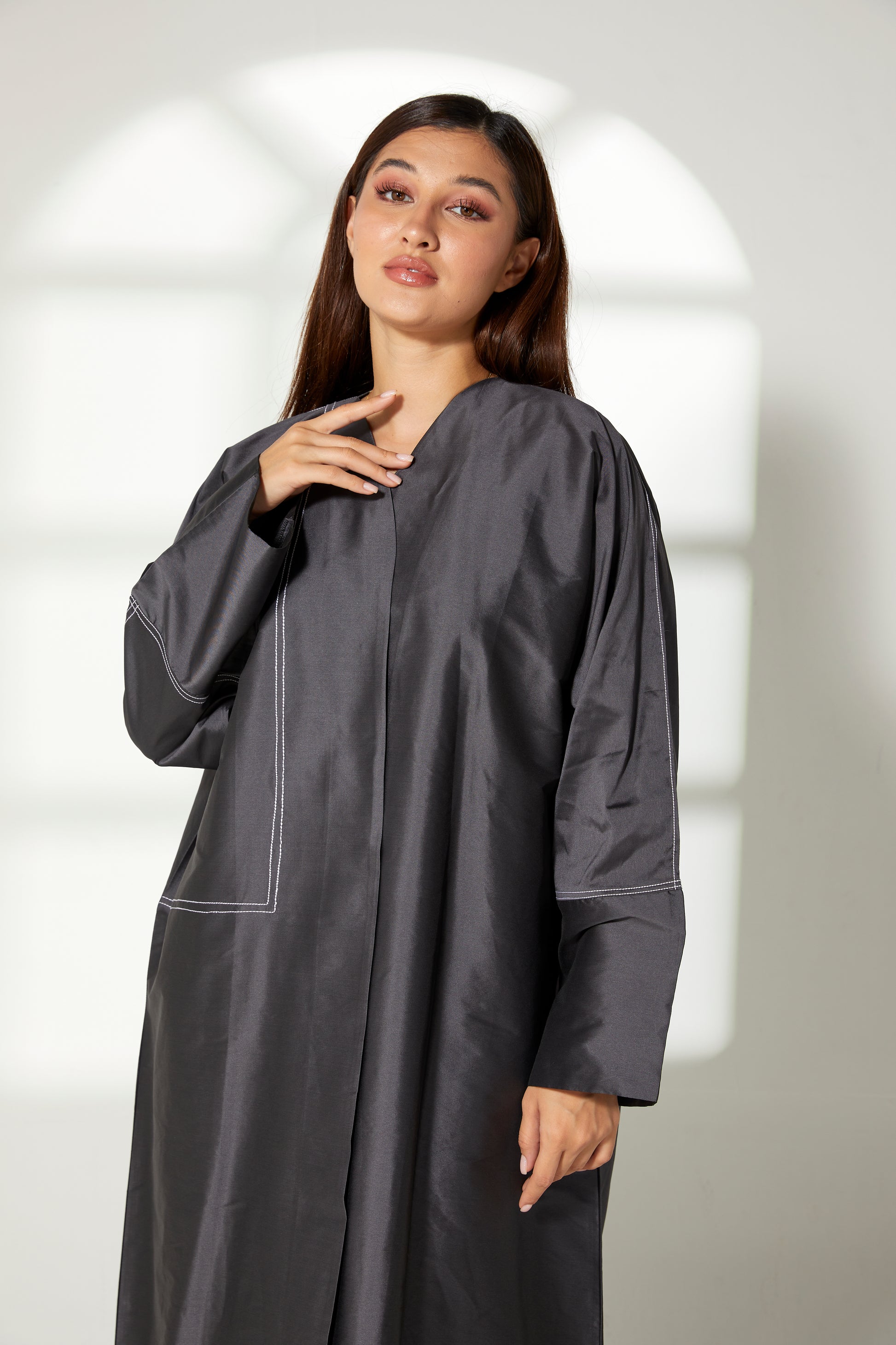 MOiSTREET Charcoal Black Taffeta Embroidery Abaya (7822641791203)