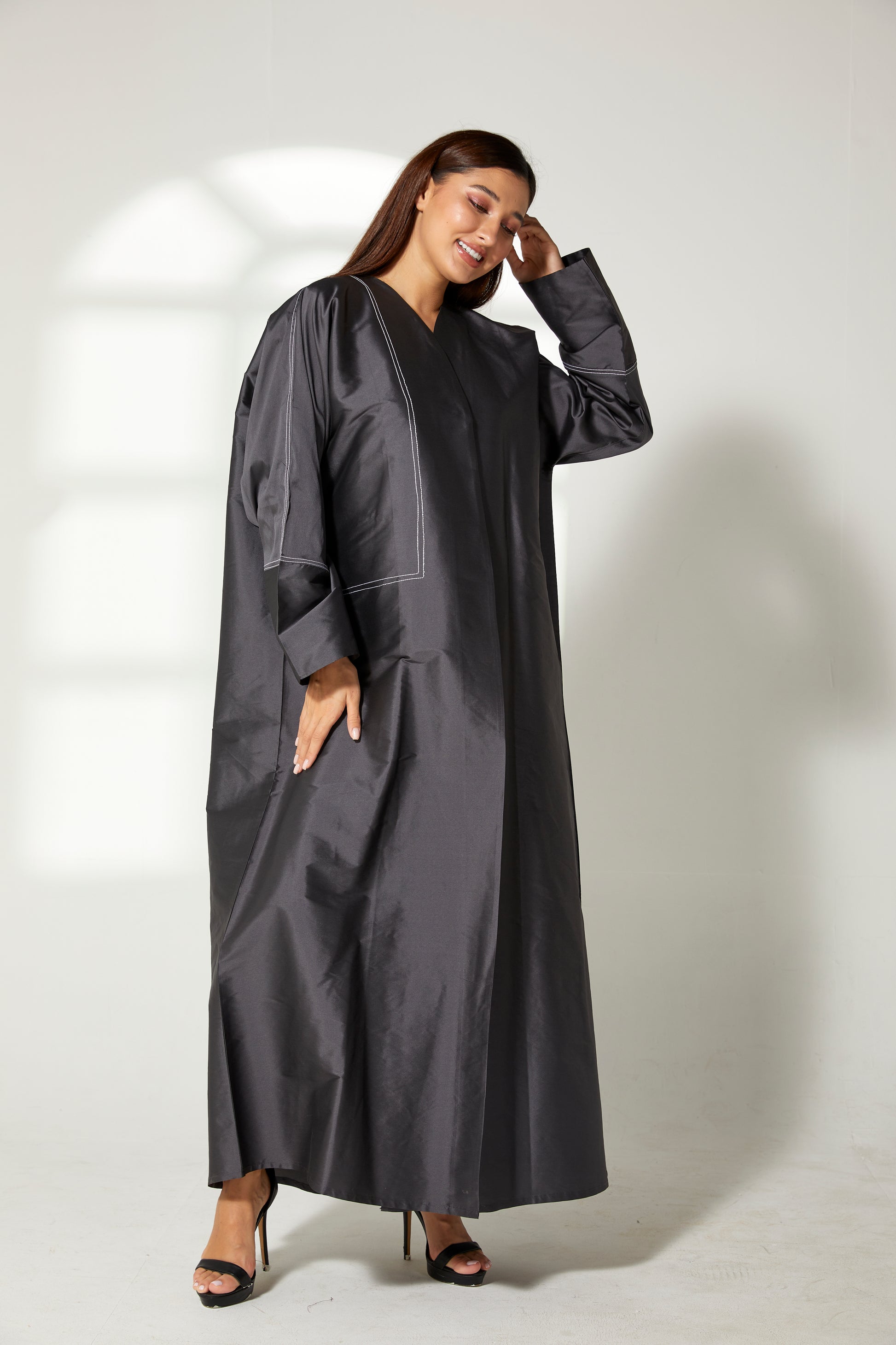 MOiSTREET Charcoal Black Taffeta Embroidery Abaya (7822641791203)