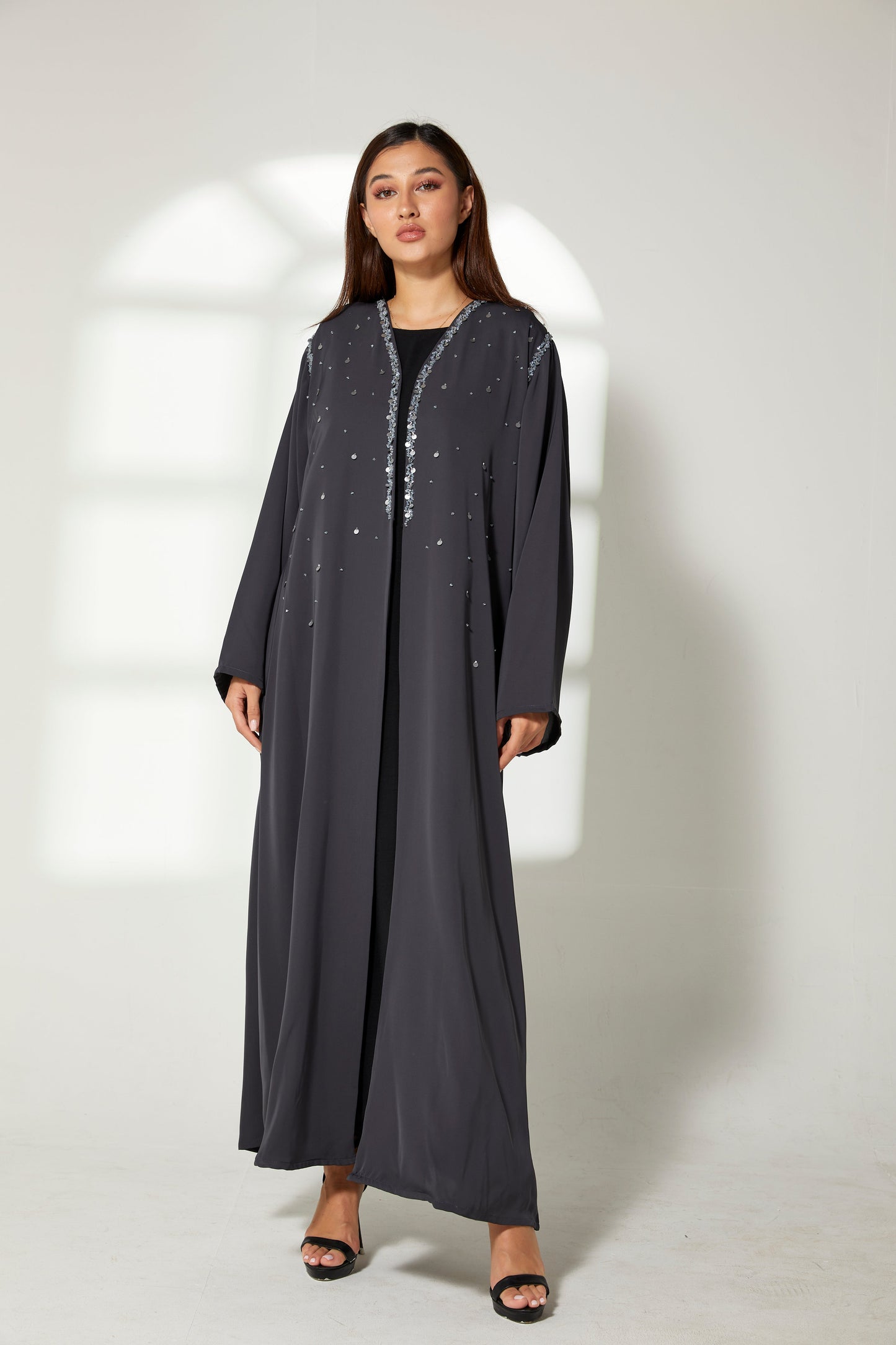 MOiSTREET Grey Korean Nida Embroidery Abaya (7822612627683) (7899058307299)