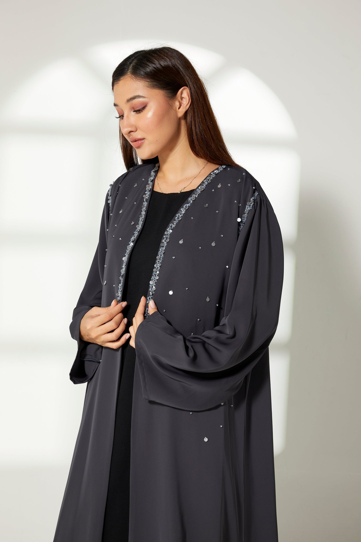 MOiSTREET Grey Korean Nida Embroidery Abaya (7822612627683) (7899058307299)