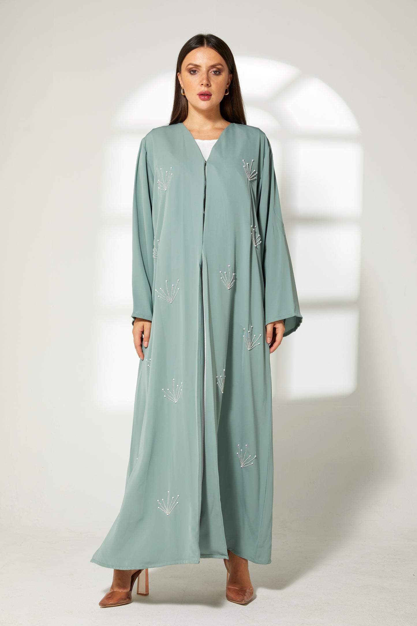 MOiSTREET Sea Green Korean Nida Embroidery Abaya (7822591230179)