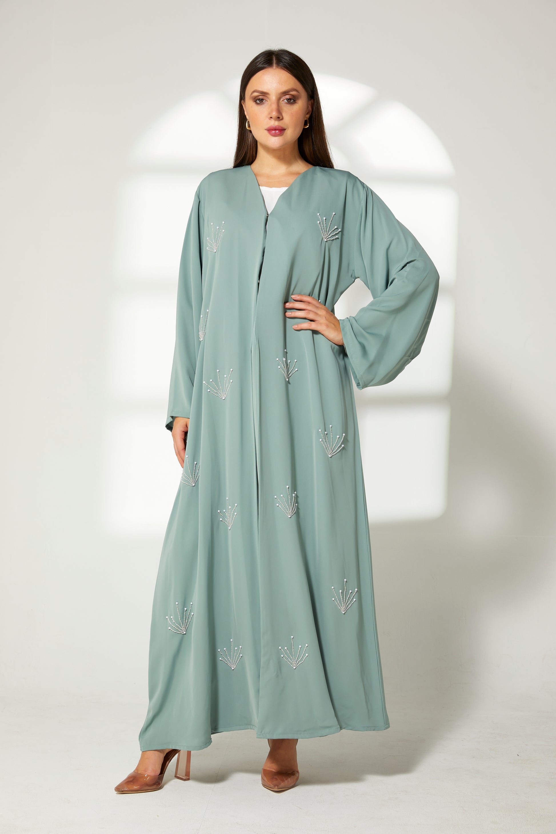 MOiSTREET Sea Green Korean Nida Embroidery Abaya (7822591230179)