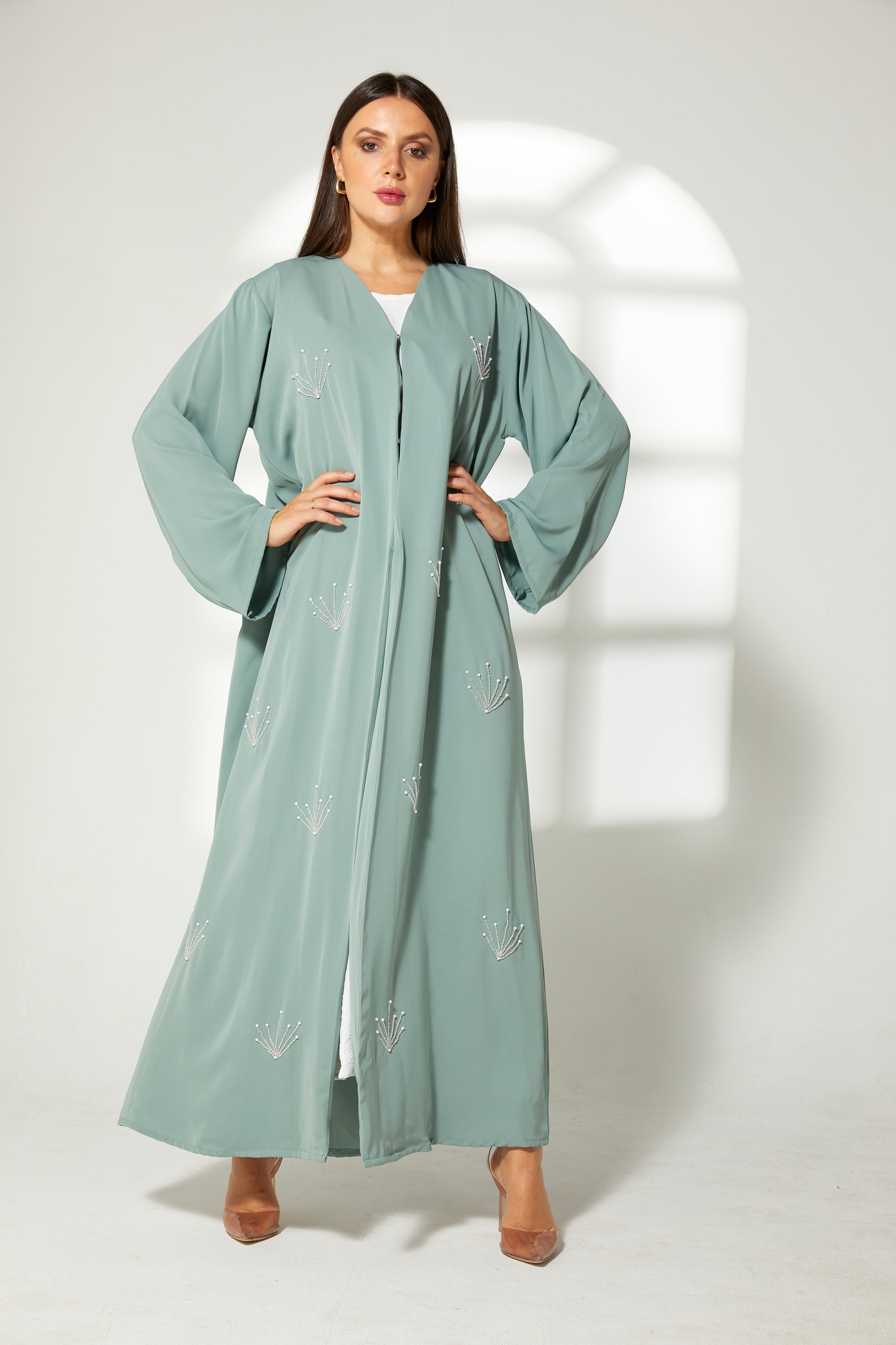 MOiSTREET Sea Green Korean Nida Embroidery Abaya (7822591230179)