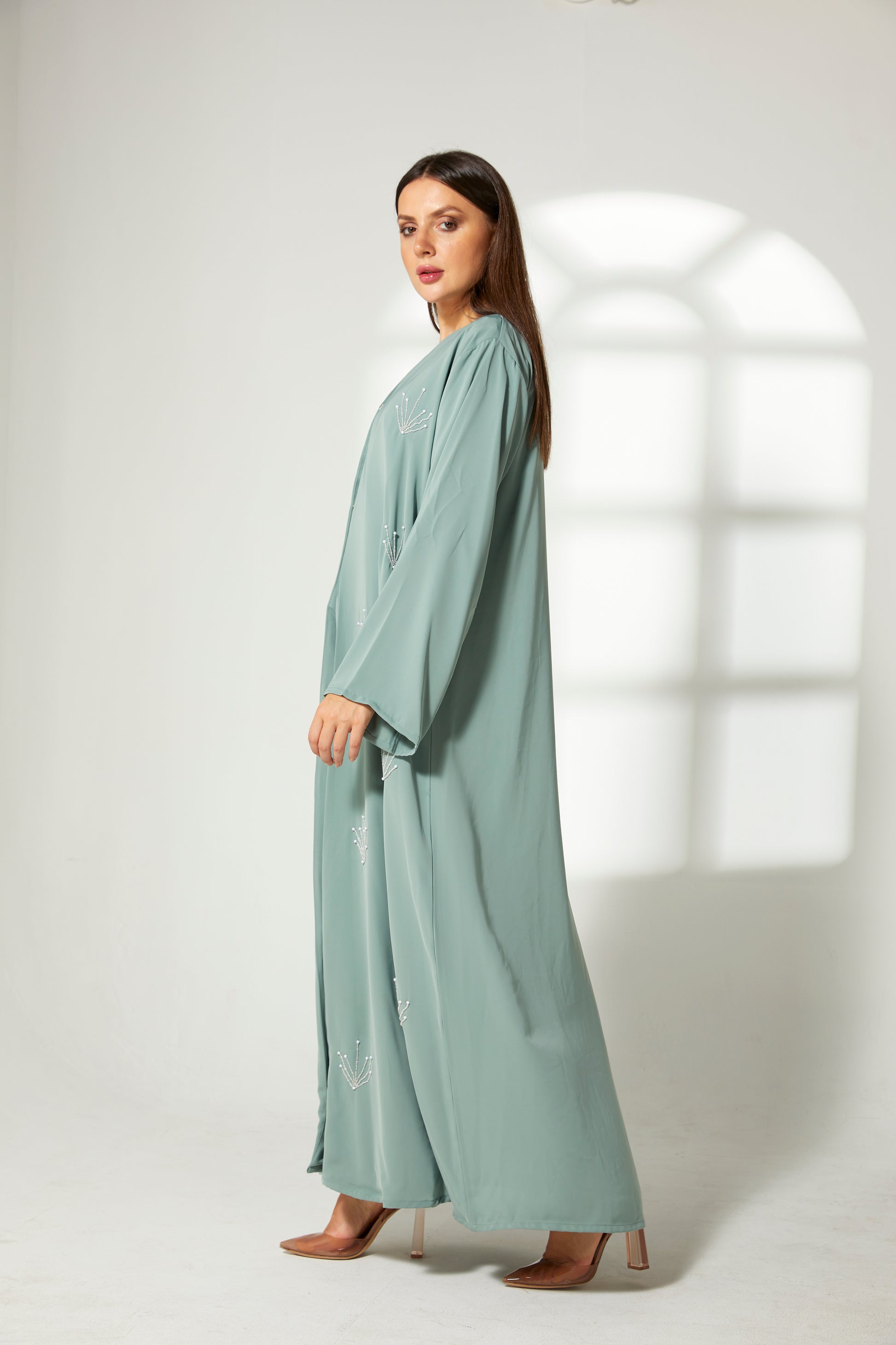 MOiSTREET Sea Green Korean Nida Embroidery Abaya (7822591230179)