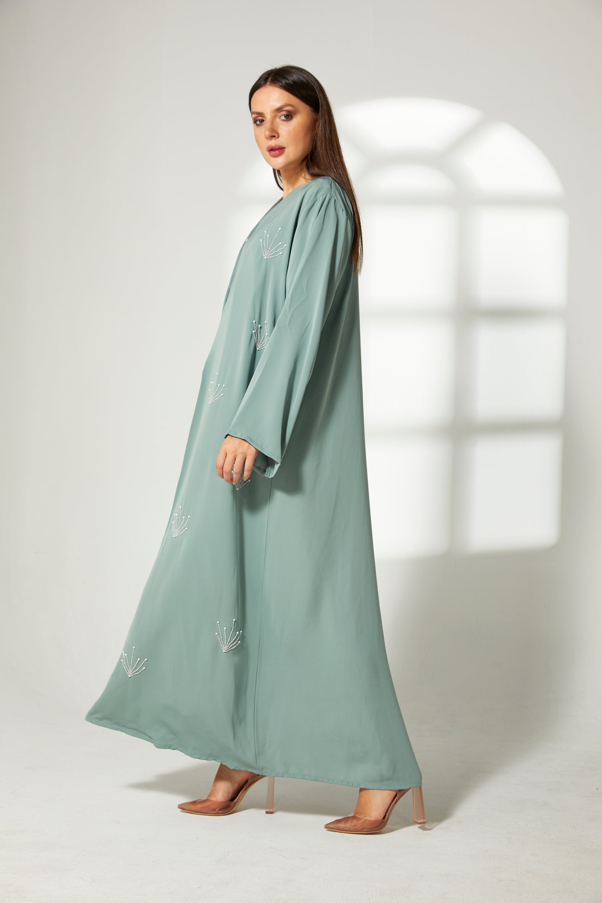 MOiSTREET Sea Green Korean Nida Embroidery Abaya (7822591230179)